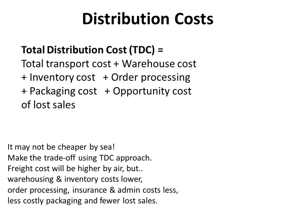 Distribution Costs Total Distribution Cost (TDC) = Total transport cost + Warehouse cost +